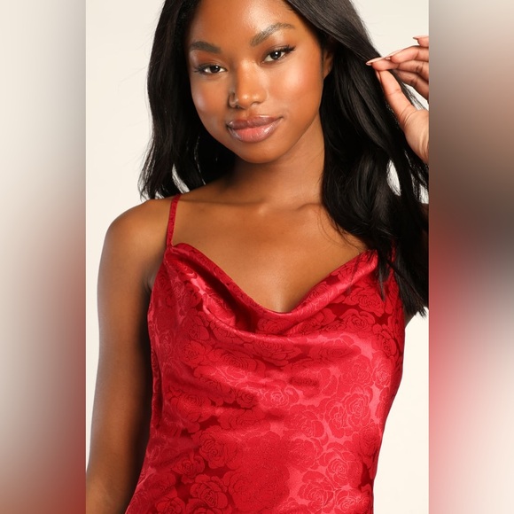 Lulus You're My Type Red Satin Jacquard Midi Slip Dress - Picture 2 of 5